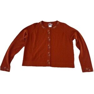 April Cornell Orange Cardigan Beaded Stars Leaf Size M Vintage Y2K Cottagecore